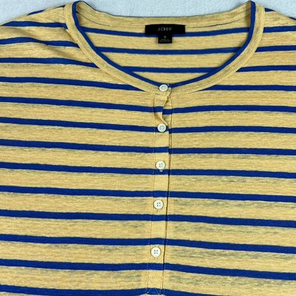 J Crew T-Shirt Womens Small Yellow Blue Striped Linen Rolled-cuff Henley Sleeve - Picture 3 of 12
